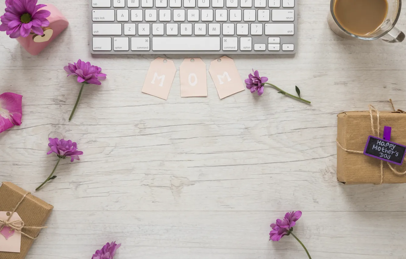 Photo wallpaper purple, flowers, gift, the inscription, keyboard, mom, Mother's day