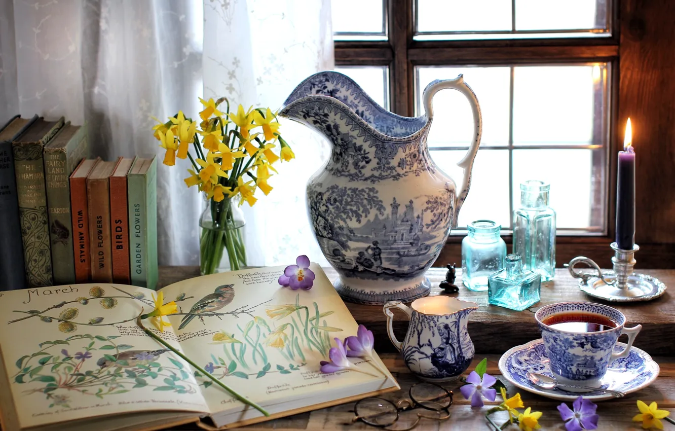 Photo wallpaper flowers, tea, bottle, candles, window, glasses, crocuses, Cup