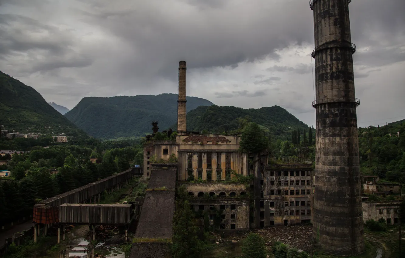 Photo wallpaper forest, the sky, mountains, clouds, overcast, building, ruins, architecture