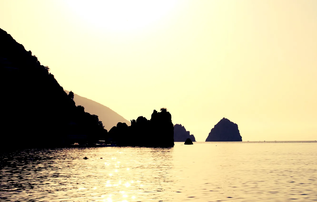 Photo wallpaper sea, water, the sun, rocks, silhouette, sunshine, Crimea, gold