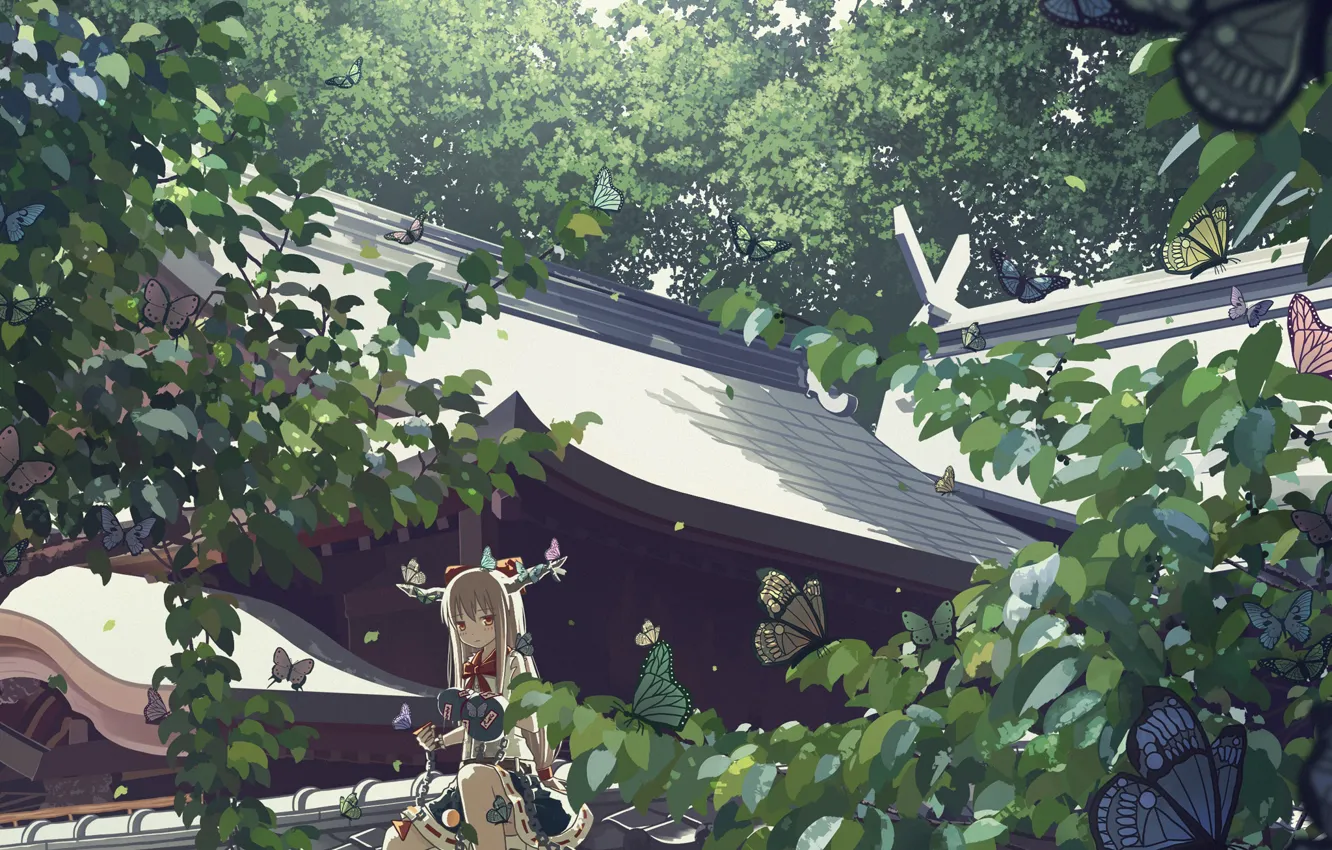 Photo wallpaper roof, girl, trees, butterfly, temple, Touhou Project, Suika Ibuki