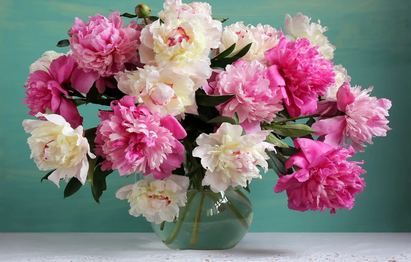 Photo wallpaper flowers, bouquet, vase, pink, white, pink, flowers, peonies