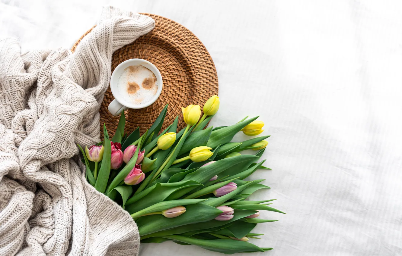 Photo wallpaper flowers, tulips, flowers, tulips, sweater, coffee cup, bouquet, cozy