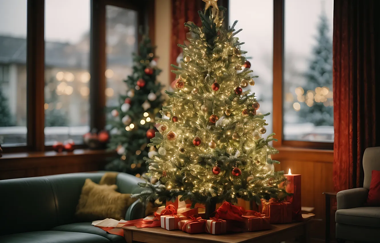 Photo wallpaper decoration, room, gift, balls, tree, new year, interior, Christmas