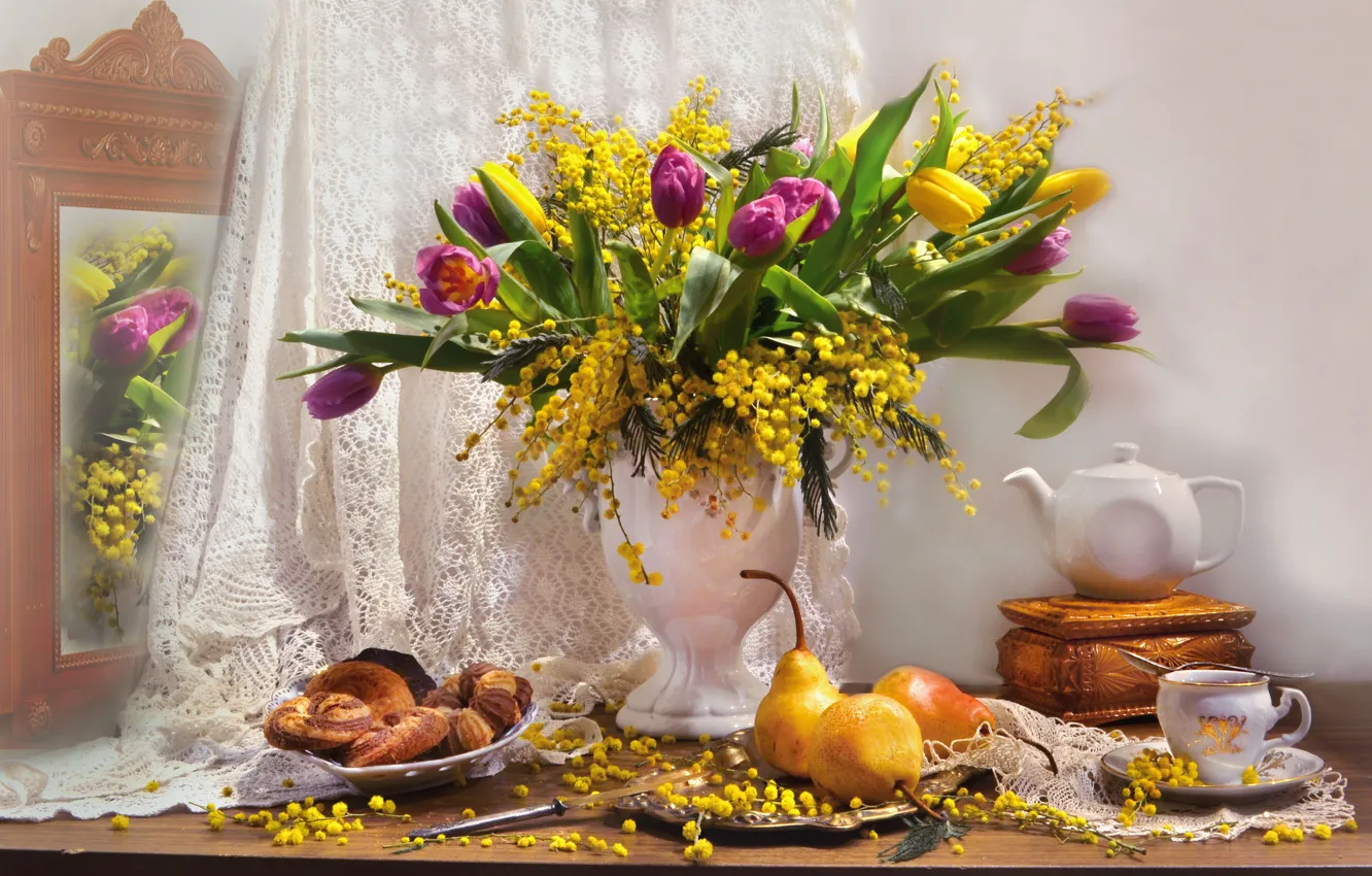 Photo wallpaper flowers, kettle, mirror, tulips, box, vase, fruit, still life