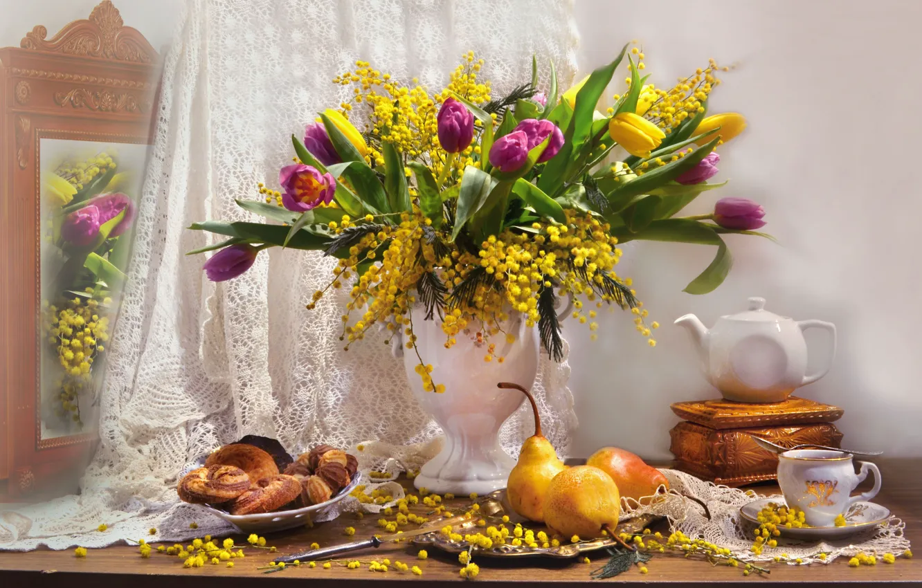 Photo wallpaper flowers, kettle, mirror, tulips, curtains, box, vase, fruit