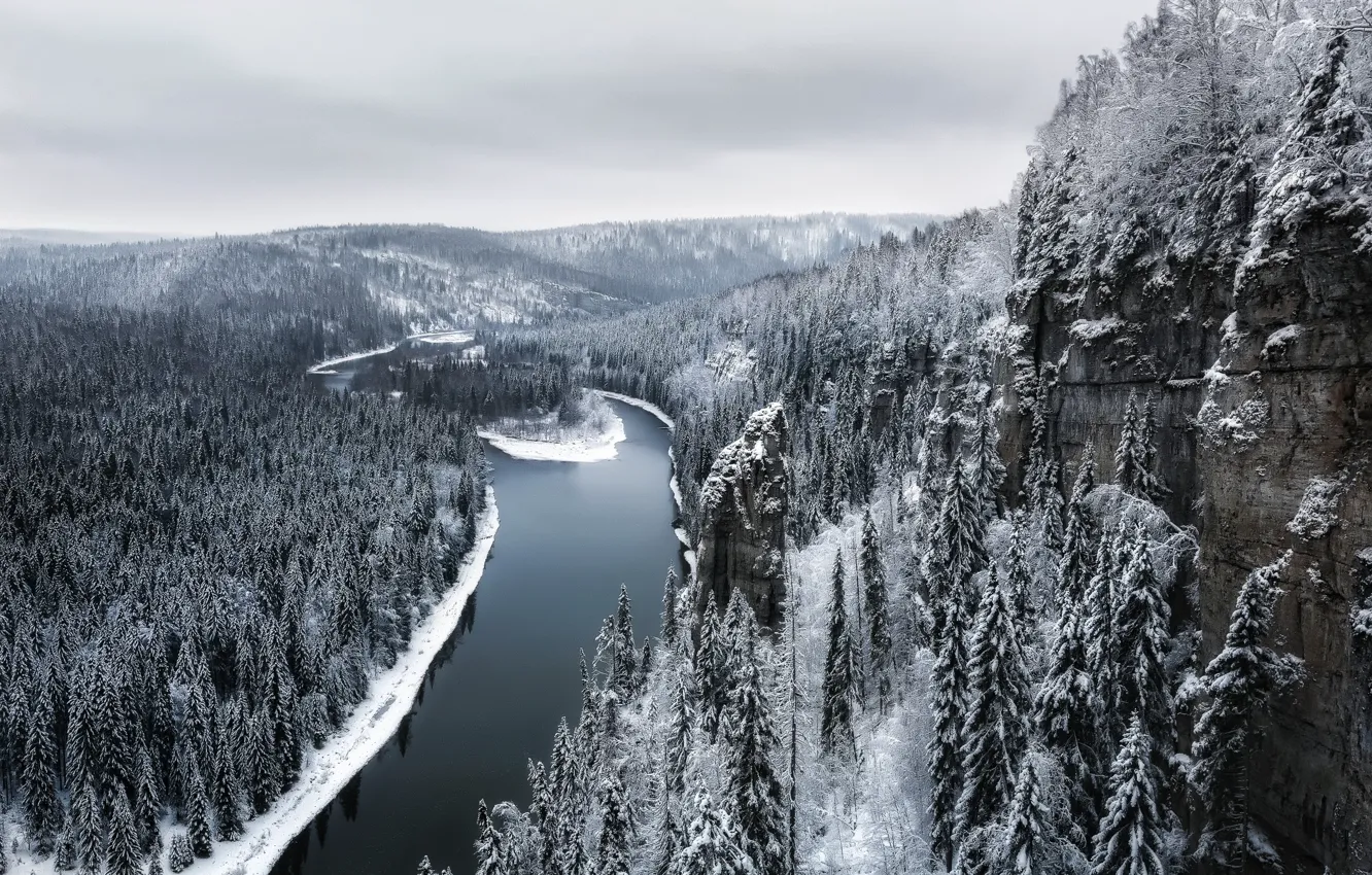 Photo wallpaper winter, forest, the sky, snow, trees, mountains, river, overcast