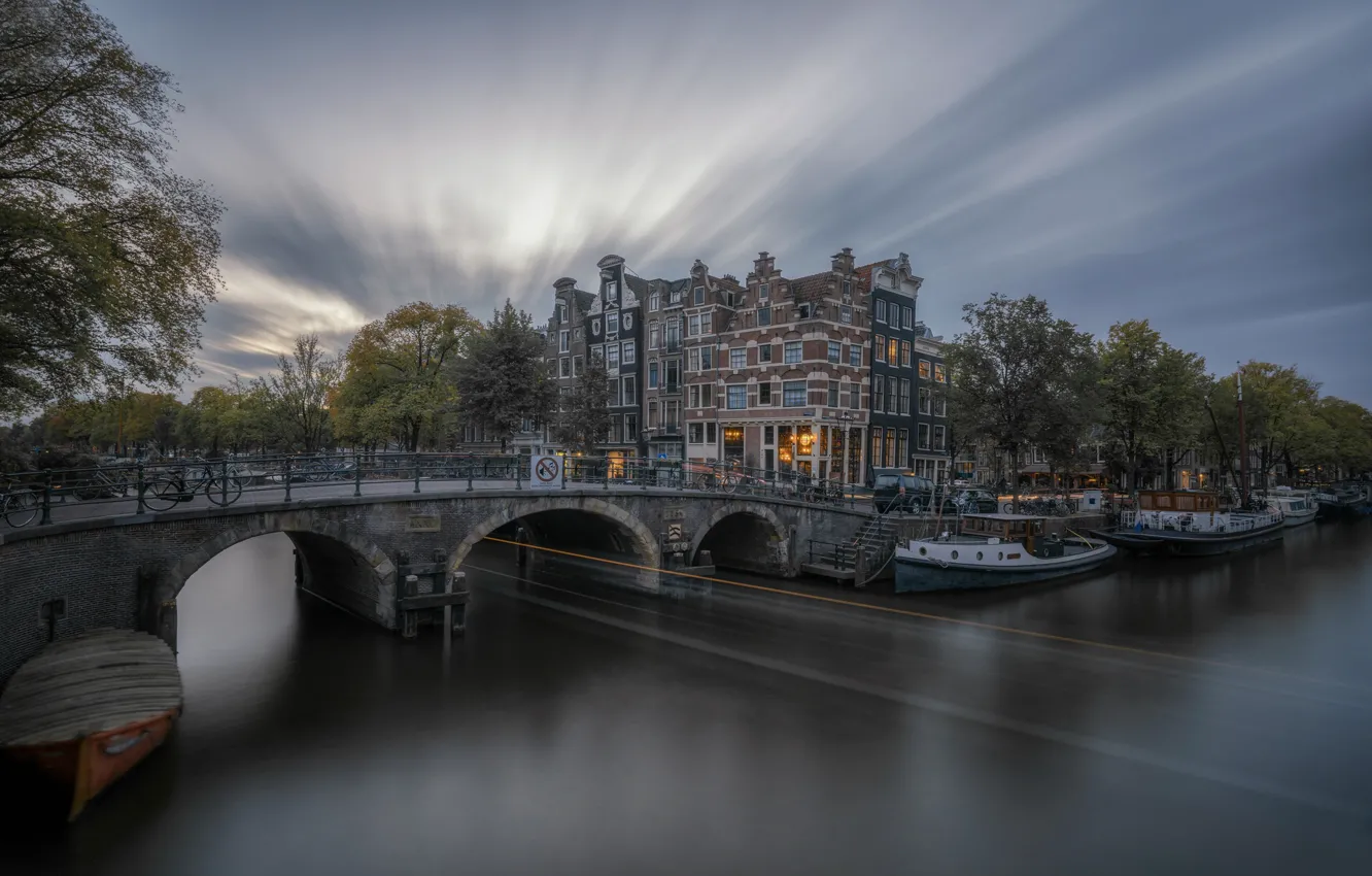 Photo wallpaper bridge, water, Amsterdam, Netherlands, cloudy, canals