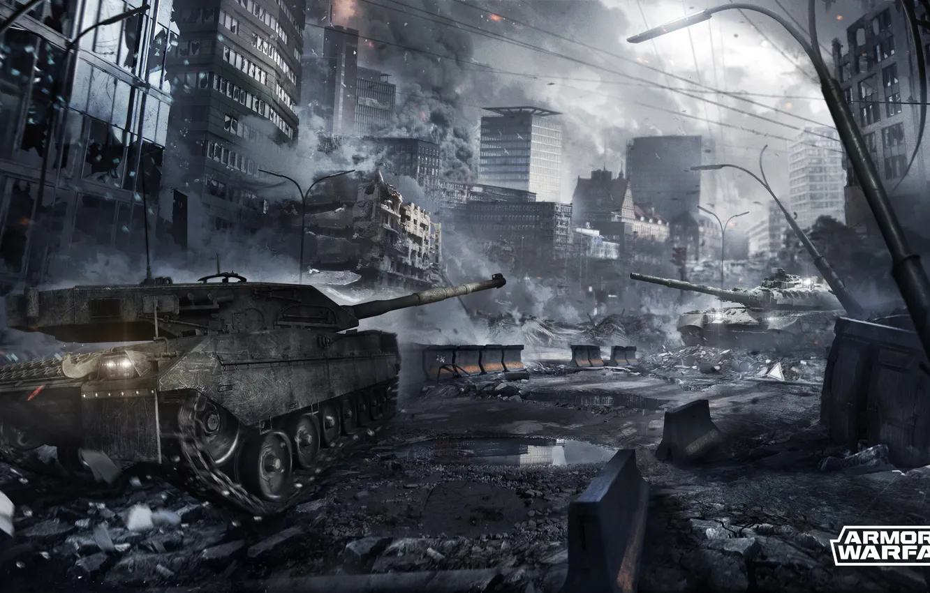 Photo wallpaper the city, smoke, home, the ruins, tank, Armored Warfare