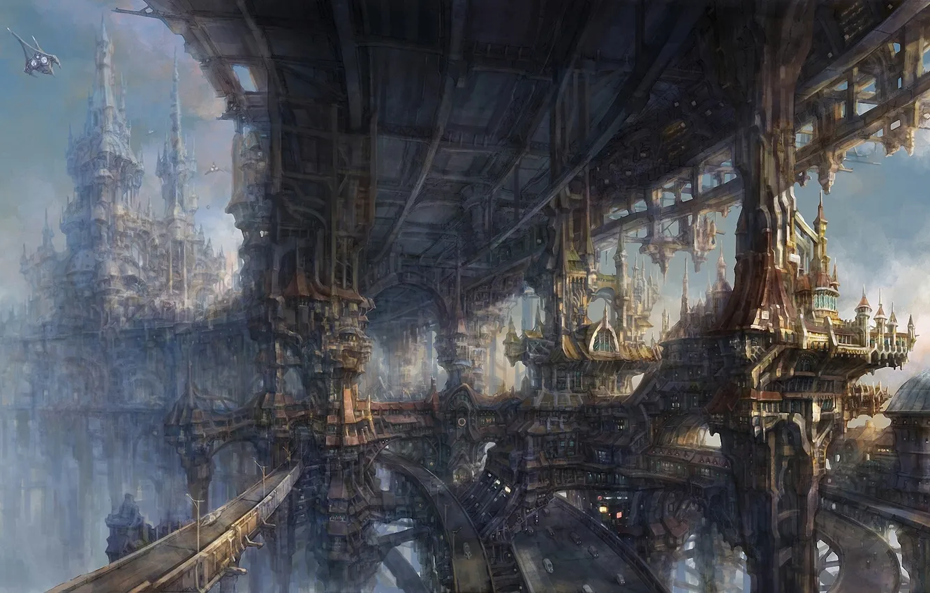 Photo wallpaper bridge, the city, home, fantasy, art, fantasy world, giant, Minseub Young