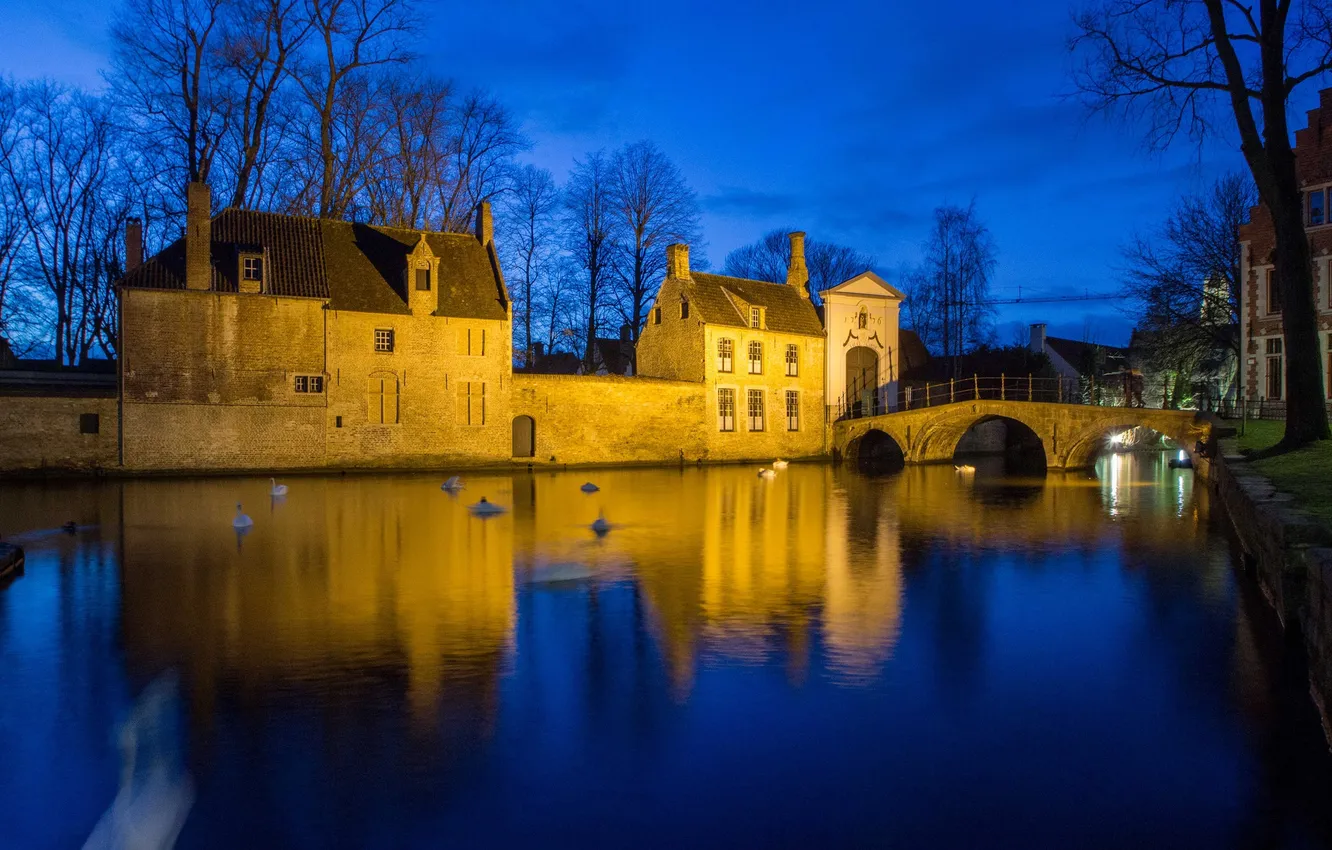 Photo wallpaper the sky, night, bridge, lights, home, channel, Belgium, Bruges