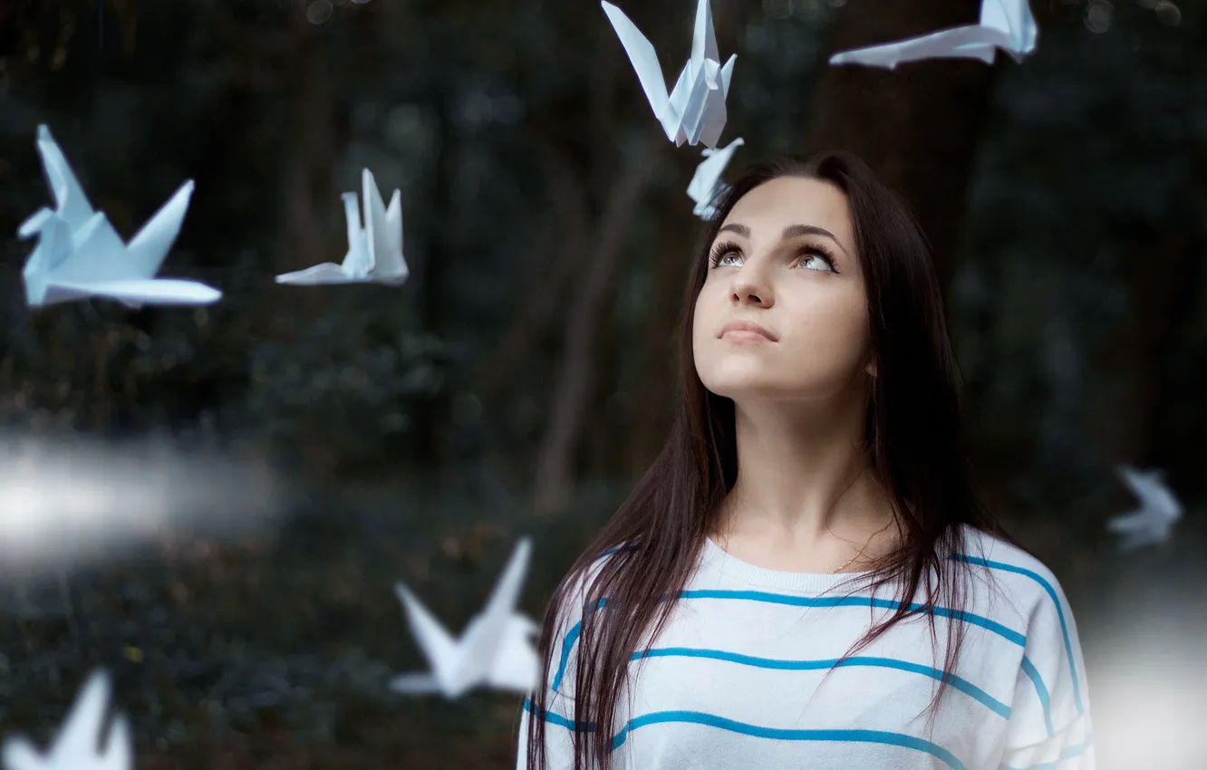 Photo wallpaper look, girl, brunette, origami
