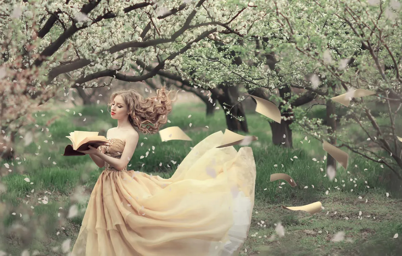 Photo wallpaper girl, the wind, spring, book, page
