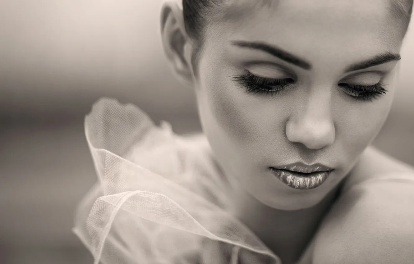 Photo wallpaper girl, face, eyelashes, model, portrait, makeup, lips, black and white