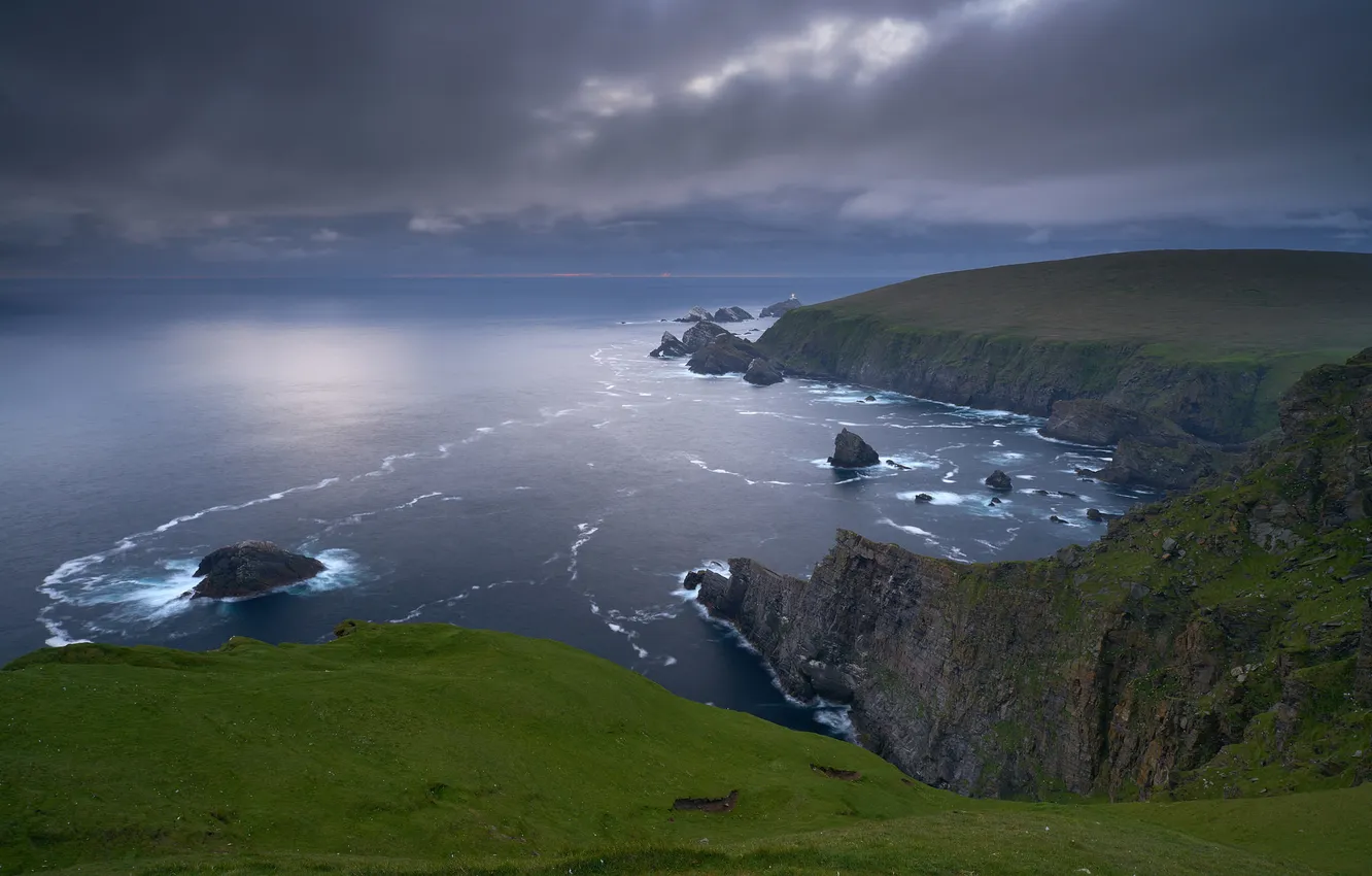Photo wallpaper sea, the storm, lighthouse, horizon, rock, gray clouds