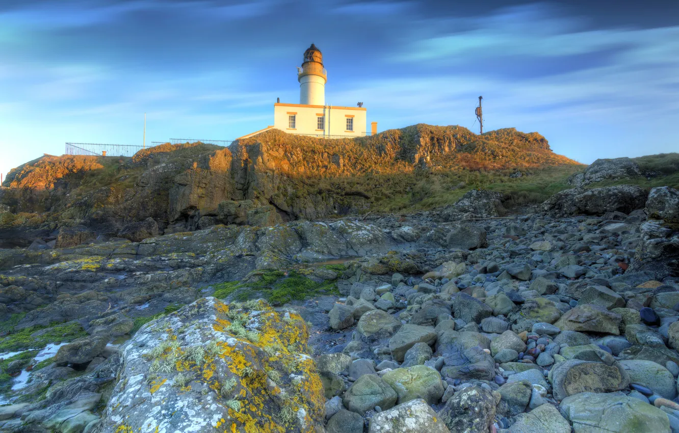 Photo wallpaper stones, coast, lighthouse, moss, UK, Turnberry Lighthouse