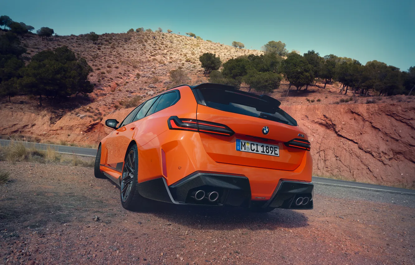 Photo wallpaper BMW, road, clouds, mountain, orange, Rear, M Performance, BMW M5 Touring