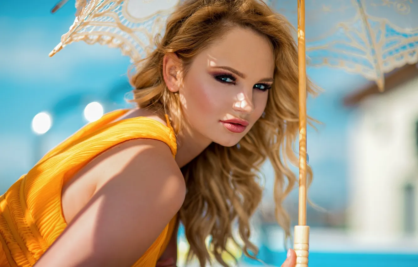 Photo wallpaper look, girl, the sun, umbrella, makeup, hairstyle, blonde, beauty