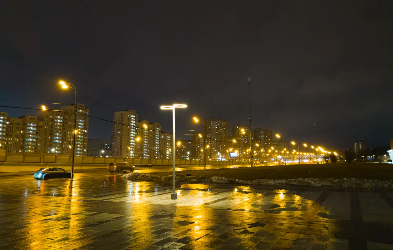 Photo wallpaper machine, night, the city, building, home, lights, Russia, Artem