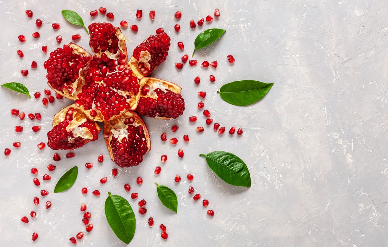 Photo wallpaper leaves, garnet, pomegranate seeds, Ellygri