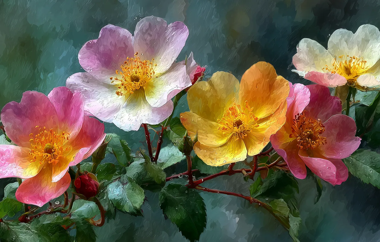 Photo wallpaper leaves, flowers, roses, briar, pink, imitation painting, AI art, neural network