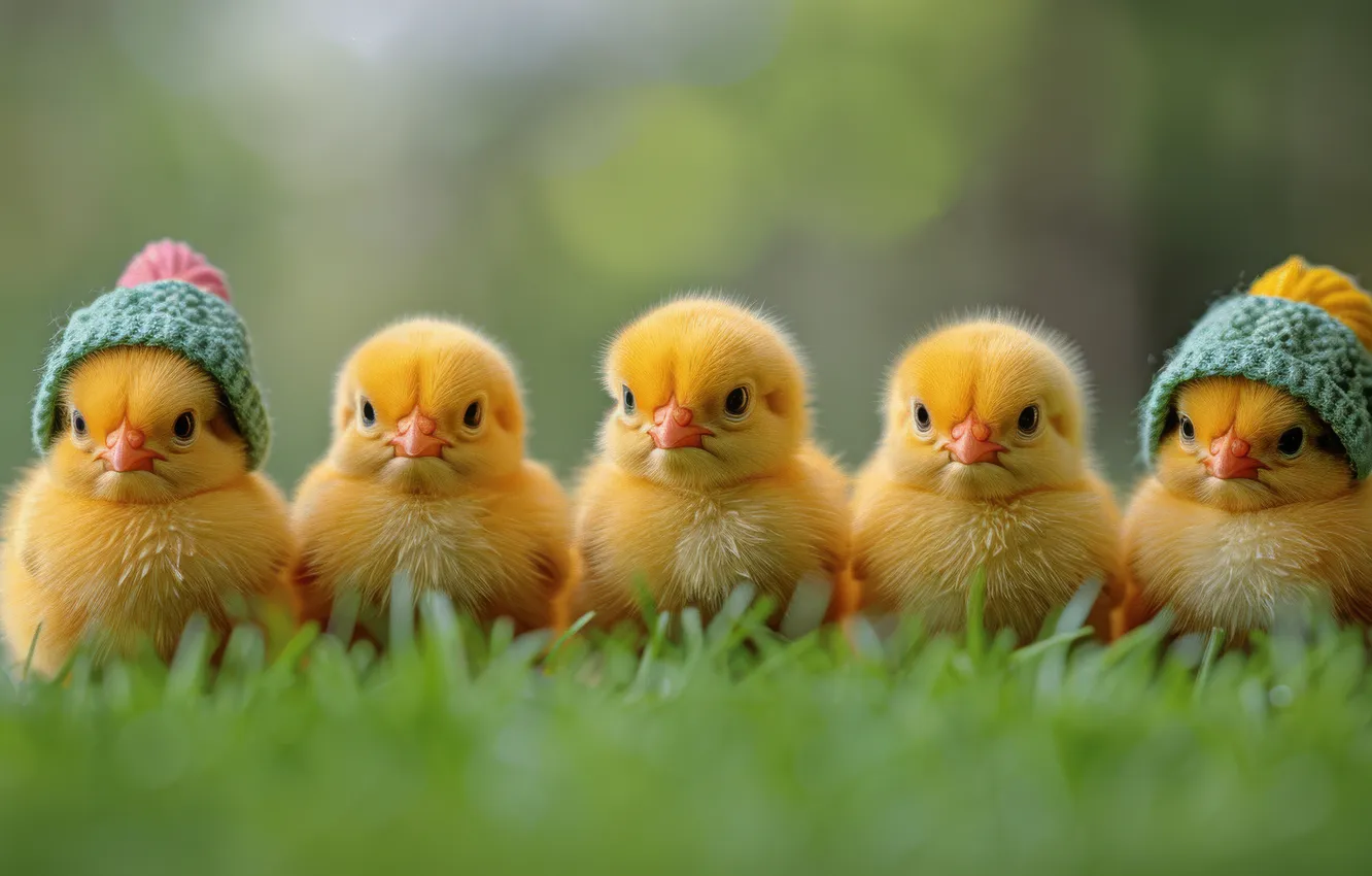 Photo wallpaper grass, birds, glade, chickens, yellow, chicken, company, chick