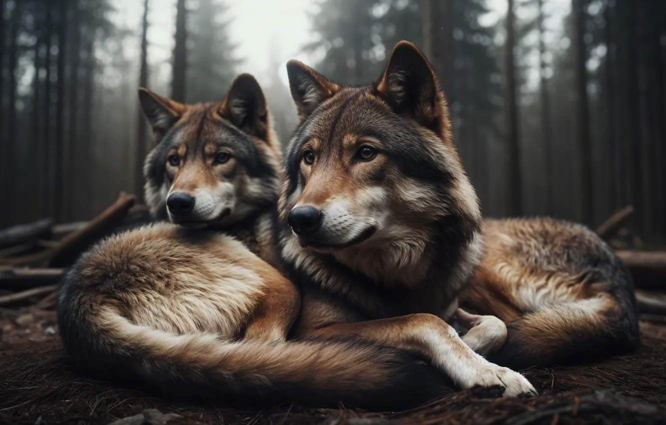Photo wallpaper forest, look, wolf, AI art, neural network, muzzles, wolves, They're lying