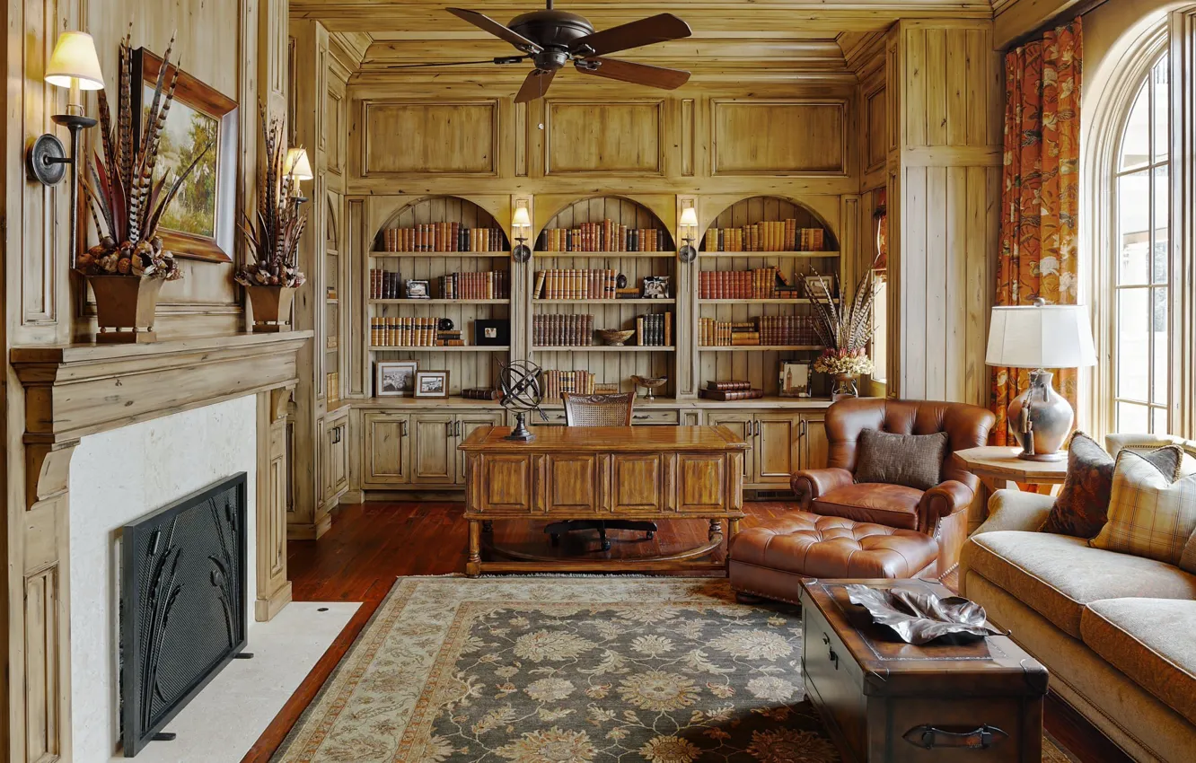 Photo wallpaper design, style, interior, fireplace, library, office, home office, Always Young Residence