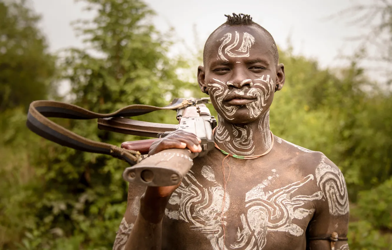 Photo wallpaper Ethiopia, Omo wally, Mursi warrior