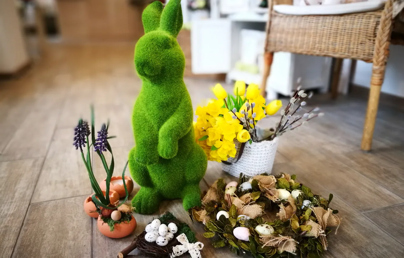 Photo wallpaper hare, eggs, Easter, wreath, daffodils, decor