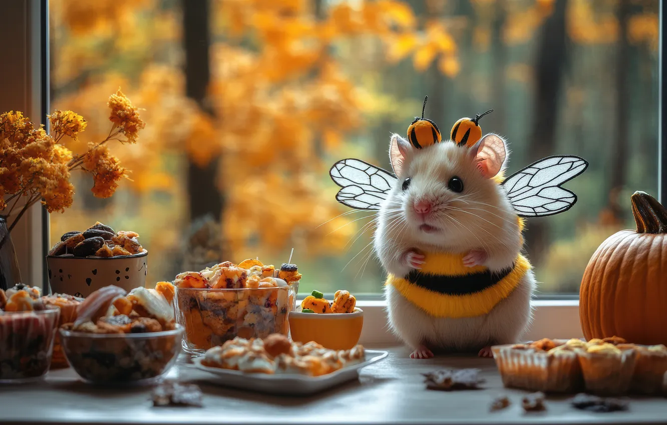 Photo wallpaper Halloween, neural network, look, hamster, holiday, hamster, AI art, mouse