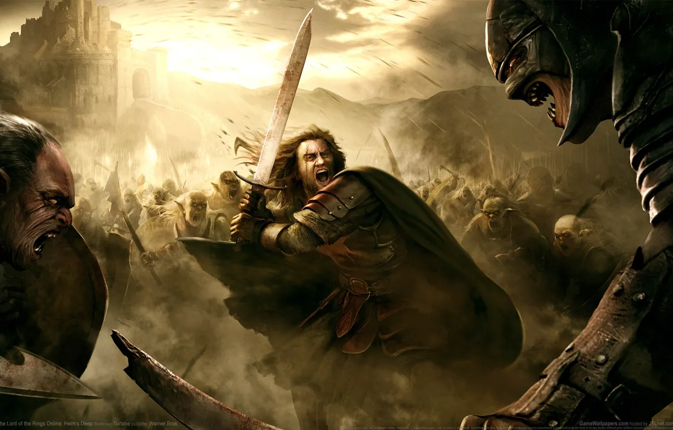 Photo wallpaper war, The Lord Of The Rings, battle, fortress, swords, arrows, orcs, war