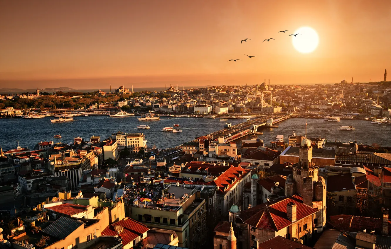 Photo wallpaper sunset, city, the city, building, the evening, panorama, architecture, Istanbul