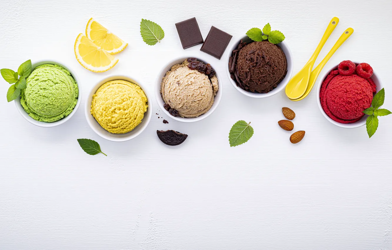 Photo wallpaper balls, ice cream, dessert, chocolate, vanilla, raspberry, lemon