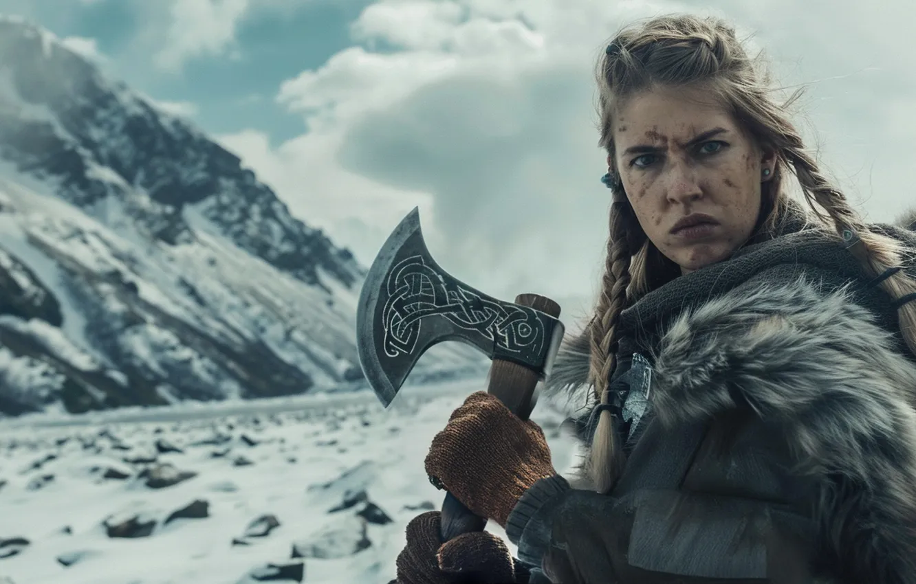 Photo wallpaper winter, look, girl, snow, mountains, axe, warrior, closeup