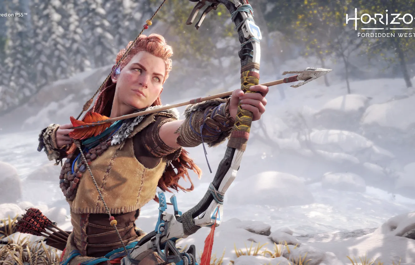 Photo wallpaper winter, girl, bow, arrows, Aloy, Horizon Forbidden West