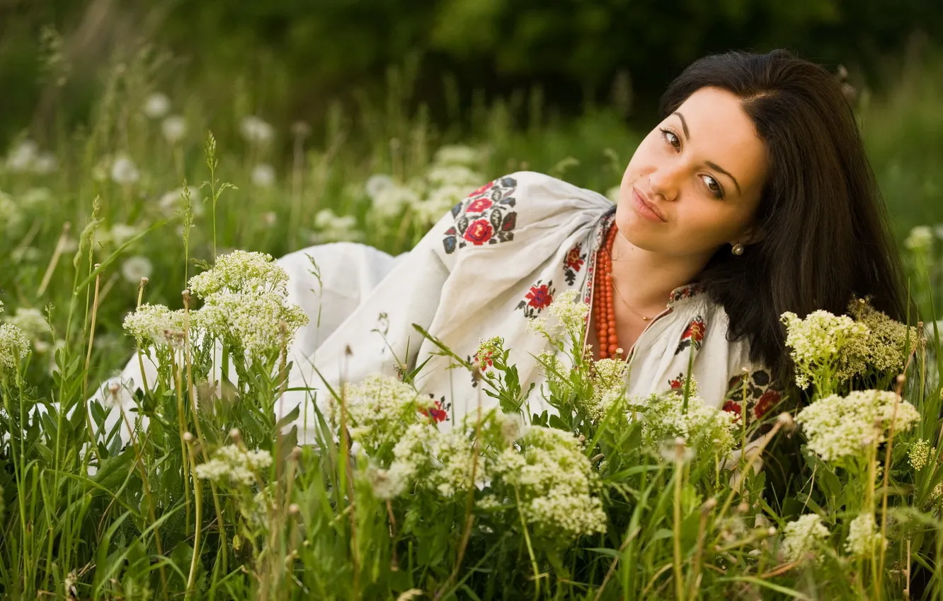 Photo wallpaper field, summer, girl, flowers, mood