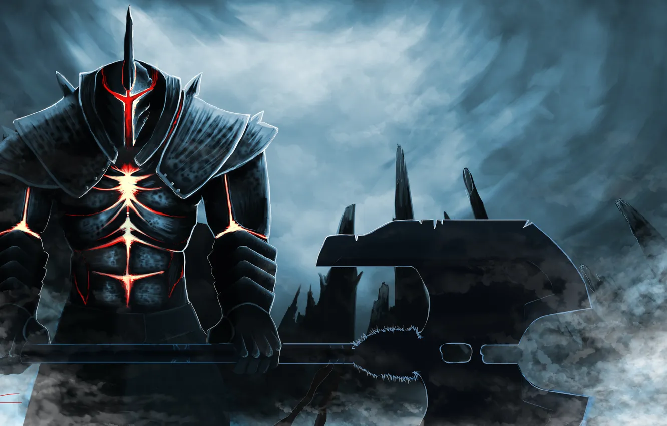 Photo wallpaper fog, weapons, fiction, art, helmet, armor, axe