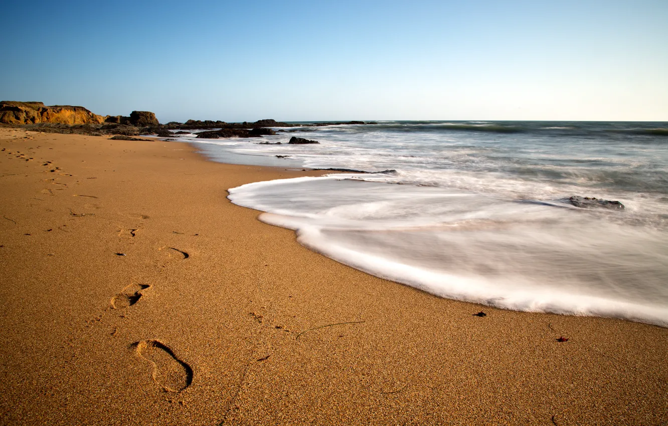 Photo wallpaper sand, sea, the sky, traces, blue, coast, Shore, day