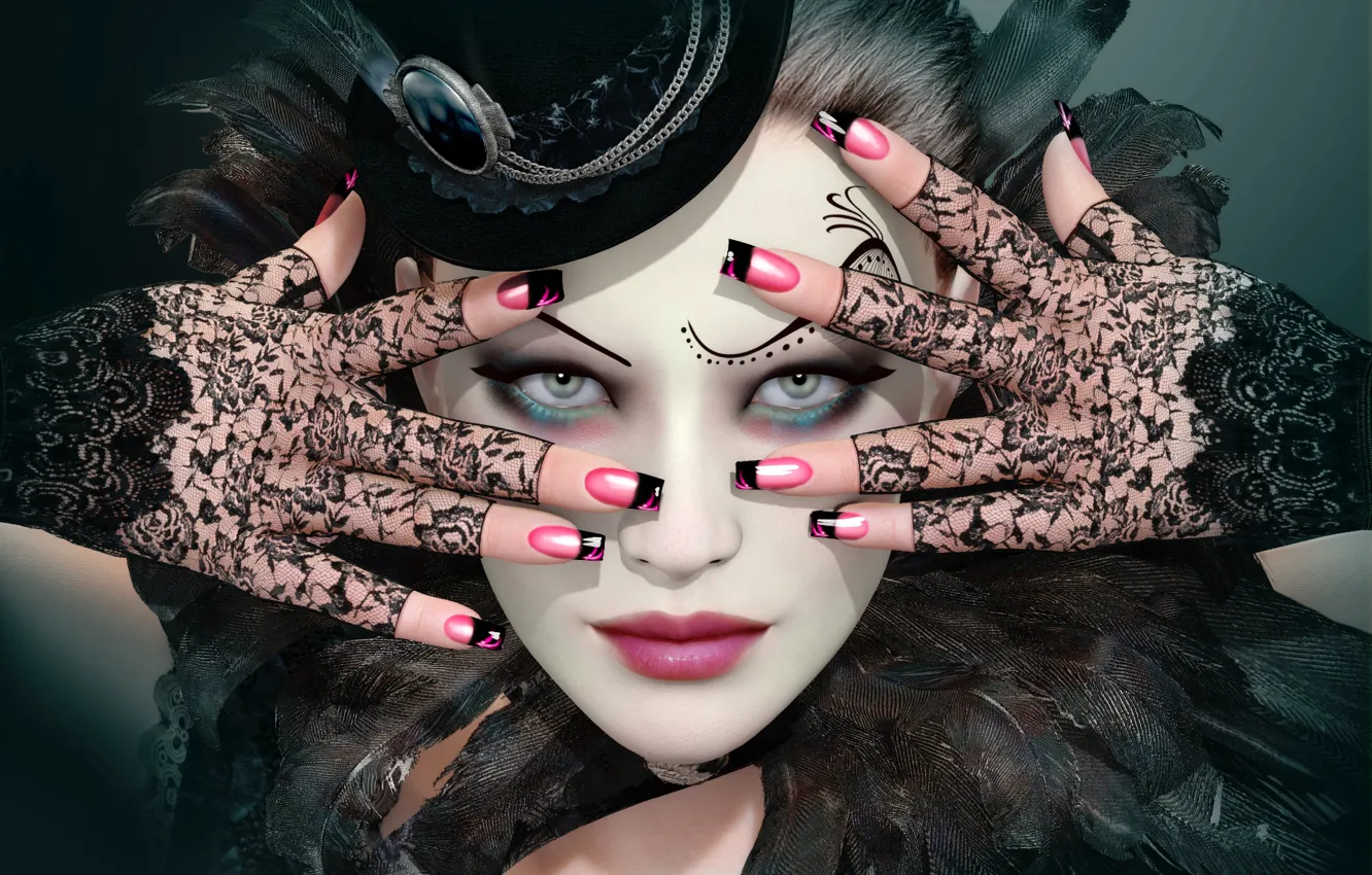 Photo wallpaper girl, face, rendering, makeup, gloves, hat