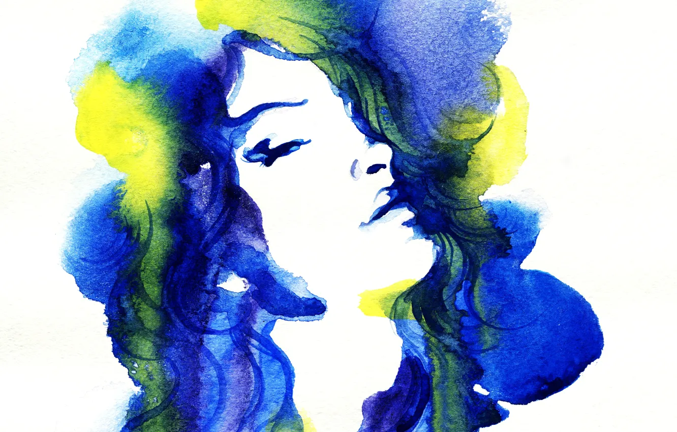 Photo wallpaper eyes, girl, portrait, picture, watercolor, lips, image, yellow