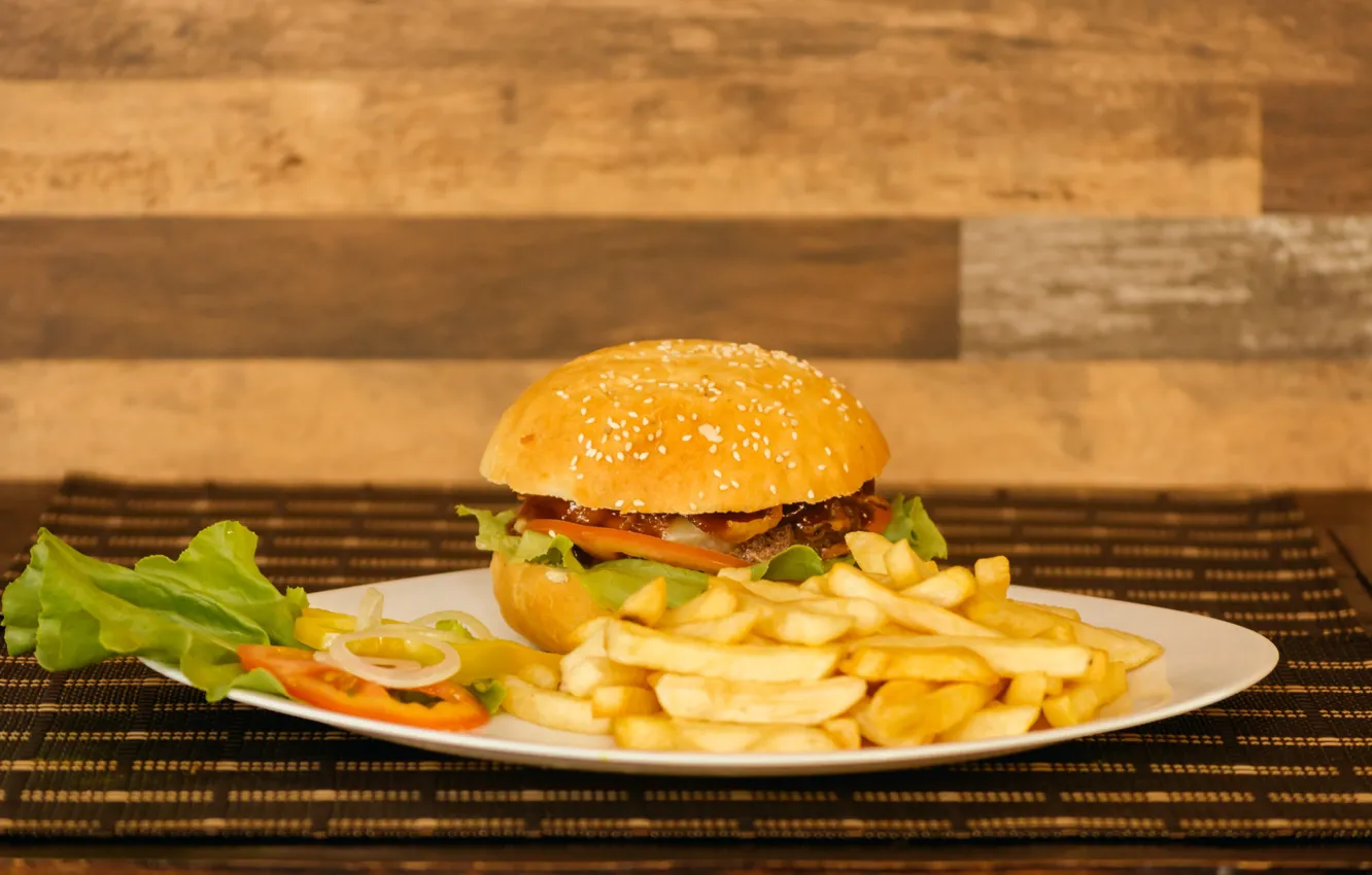 Photo wallpaper hamburger, salad, sauce, french fries