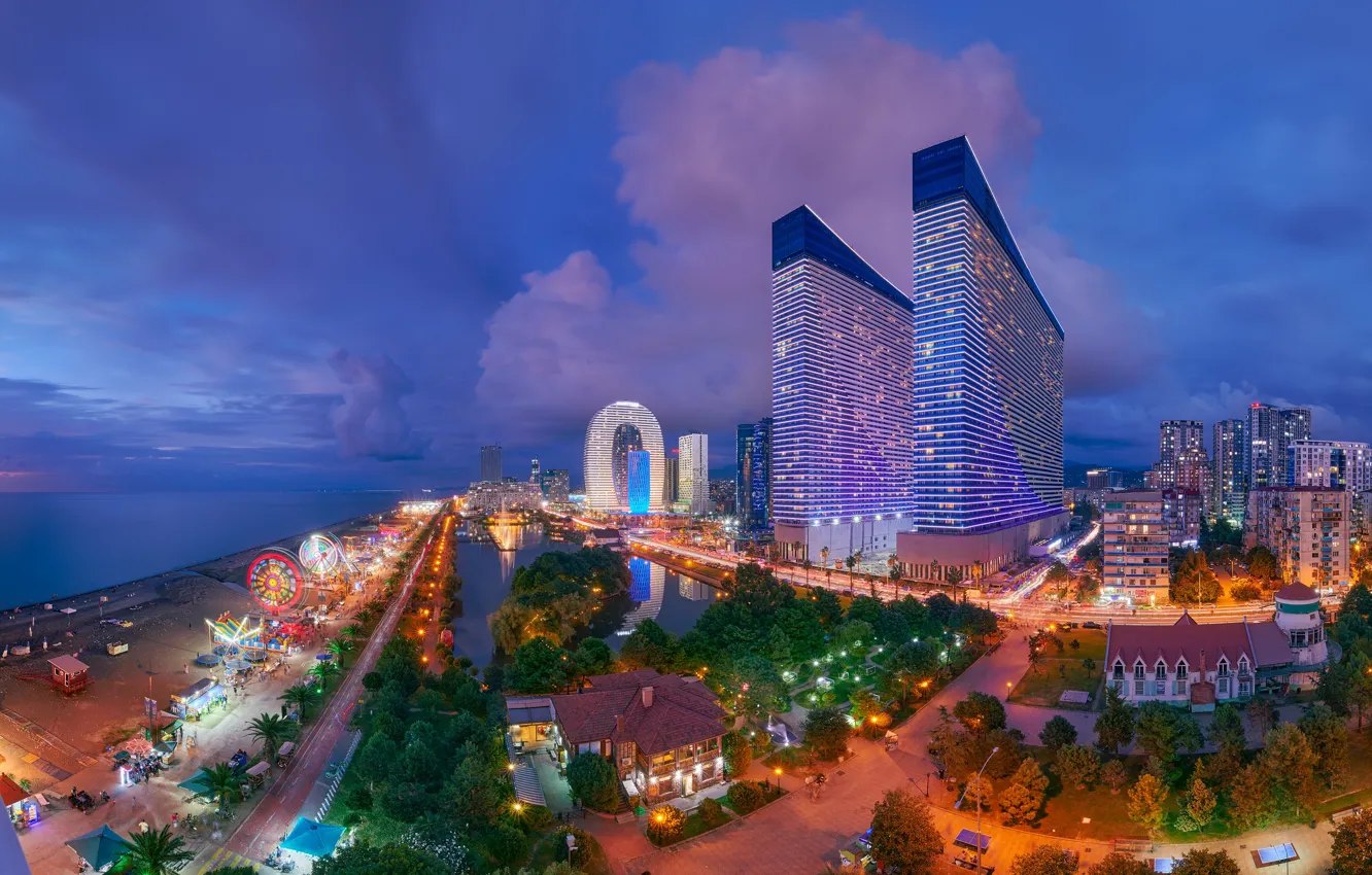 Photo wallpaper sea, the city, building, home, the evening, lighting, Georgia, Batumi