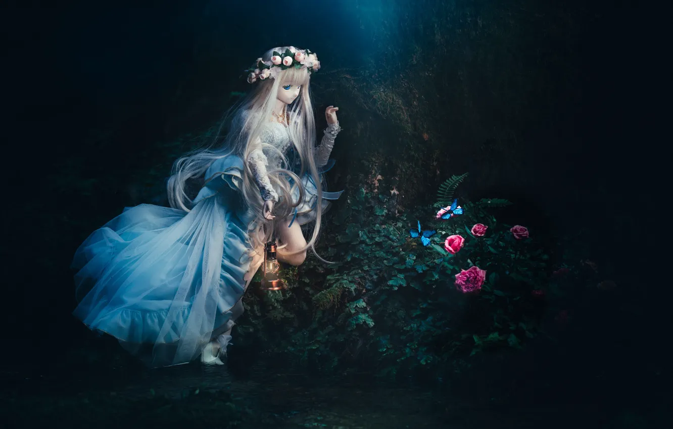 Photo wallpaper flowers, night, doll, wreath