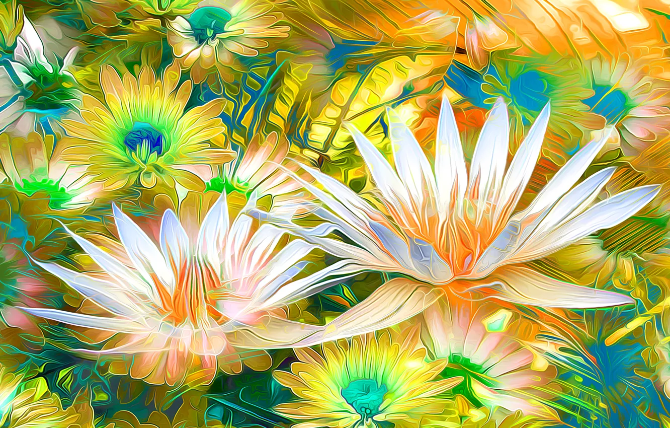 Photo wallpaper line, flowers, rendering, paint, petals