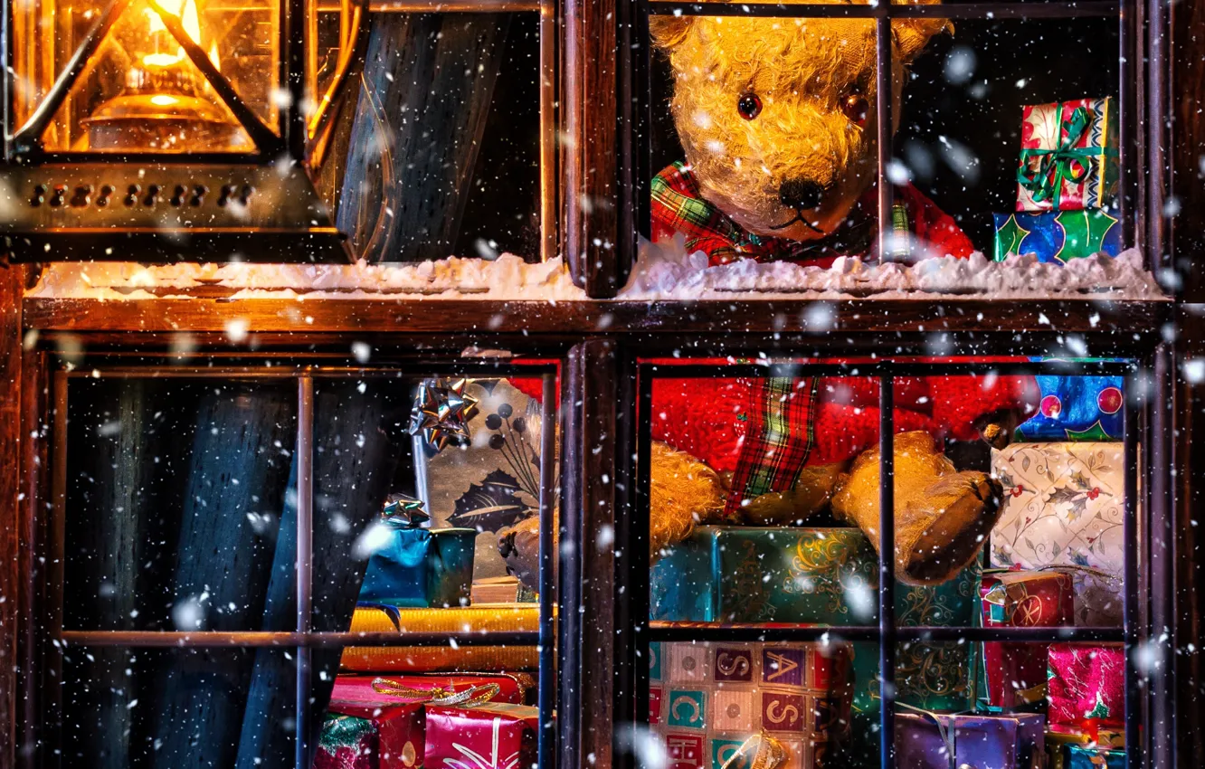 Photo wallpaper snow, gift, new year, window, Christmas, lights, bear, Teddy bear