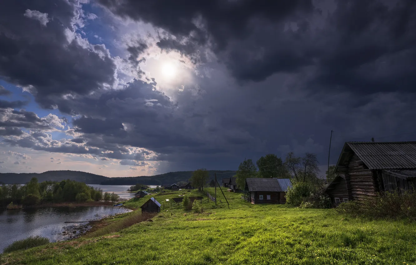 Photo wallpaper green grass, bad weather, rays of light, Light and Darkness, Before The Storm, wooden house, …
