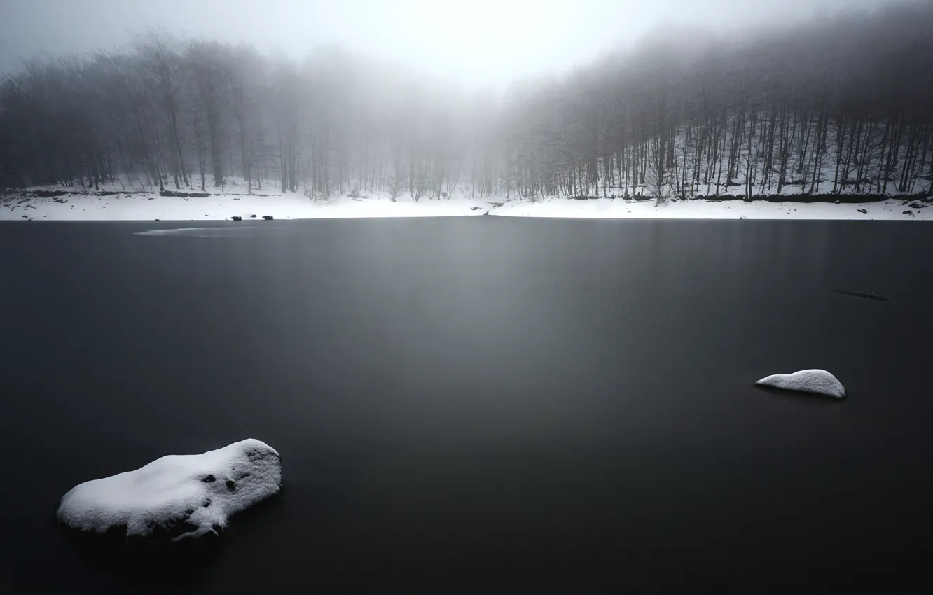 Photo wallpaper winter, fog, lake