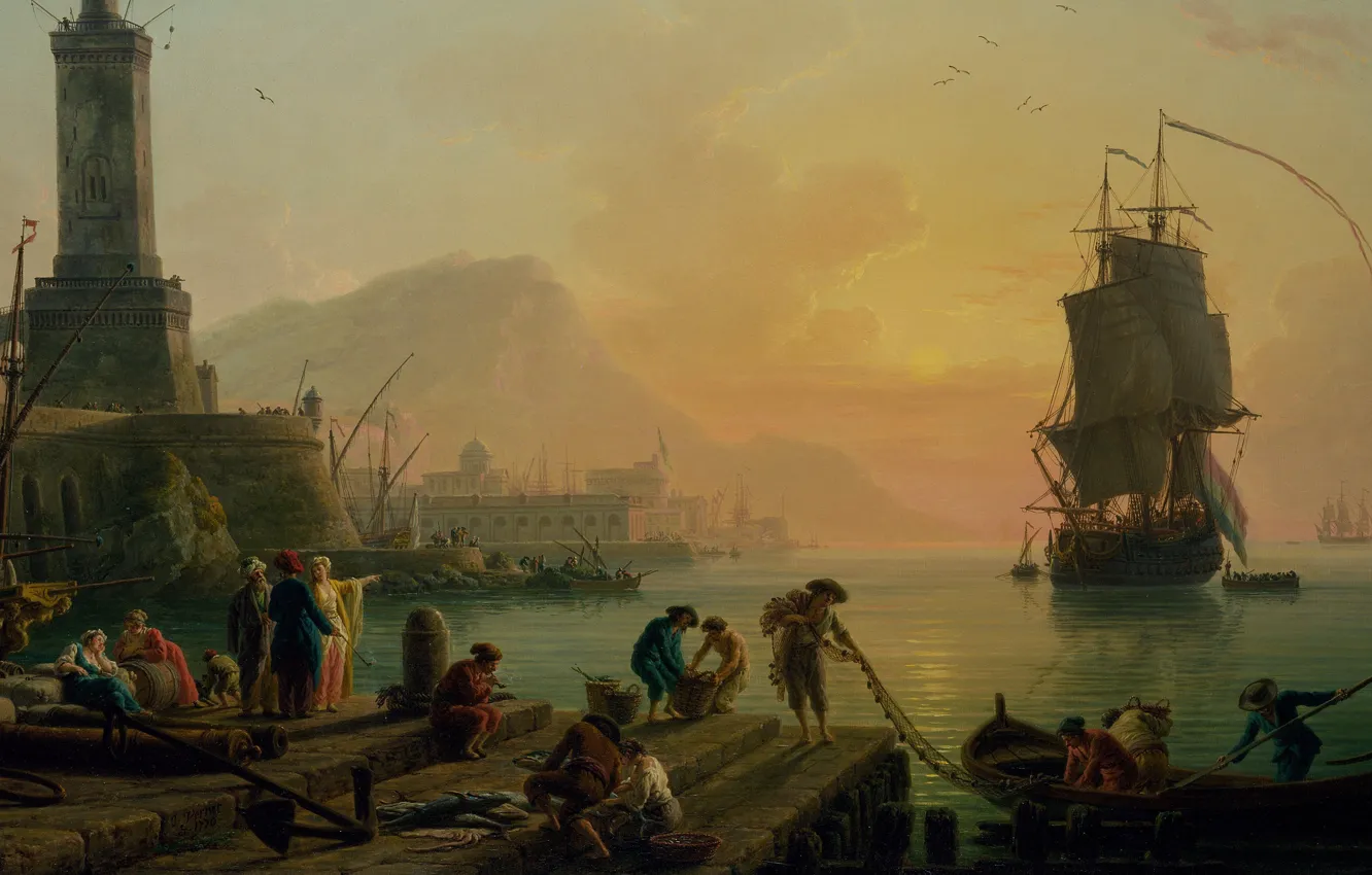 Photo wallpaper picture, painting, painting, Claude-Joseph Vernet, A Calm at a Mediterranean Port, Claude-Joseph Will Return, 1770, …