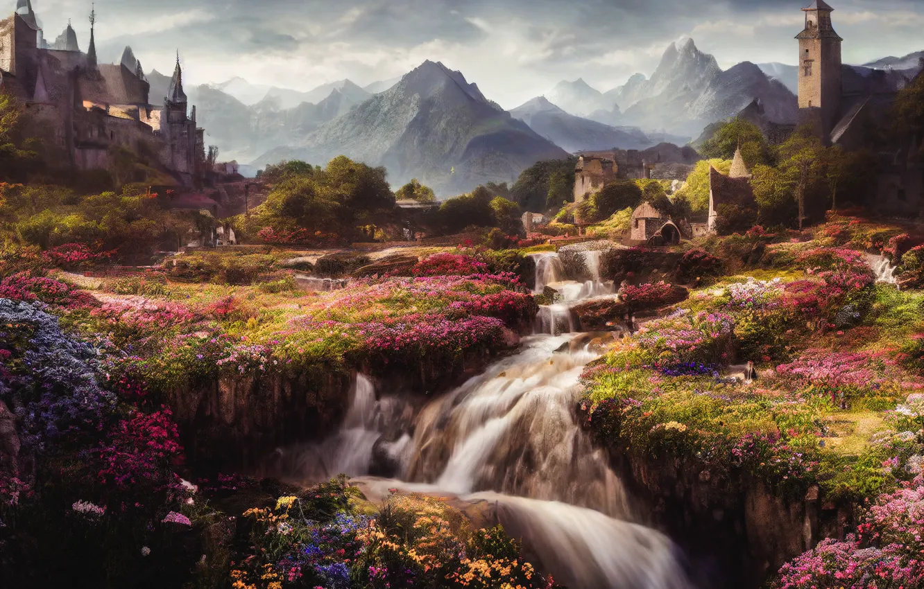 Photo wallpaper clouds, landscape, flowers, mountains, nature, fog, stream, stones